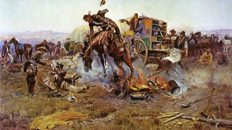 painting by Charles Russell of a bucking bronco breaking up an early morning cowboy breakfast on the trail