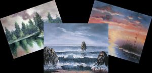 Composite of three of Bill's images - Reflections on a Sunset, At the Beach, and Before the Storm